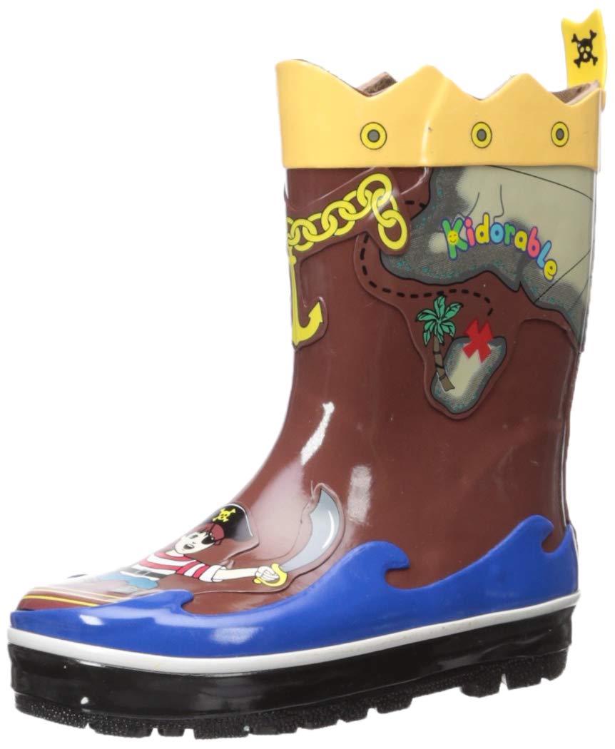 Kidorable Pirate Brown Rubber Rain Boots With Fun Crossbones Pull On Heel Tab