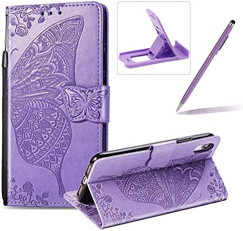 Strap Leather Case for iPhone Xs Max,Wallet Cover for iPhone Xs Max,Herzzer Classic 3D Light Purple Butterfly Flower Print Relief Magnetic Stand Case with Soft TPU