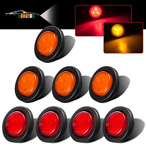 LIMICAR 8PCS 2″ Round LED Light 2 in 1 Reflector Side Marker Light for Truck Trailer [Polycarbonate Reflector] [4 LEDs] [Rubber Grommet] Red & Amber
