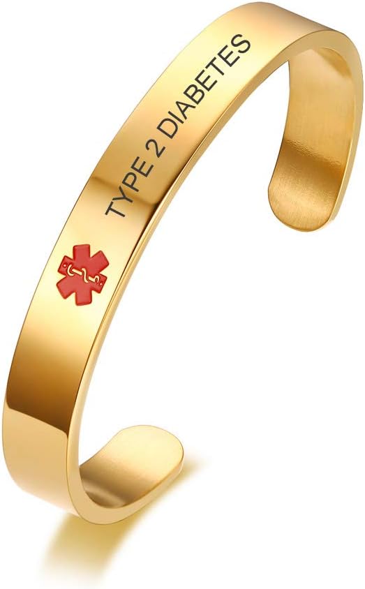 Type 2 Diabetes Stainless Steel Medical Alert Bracelet Cuff Bangle for Women Grils,8"