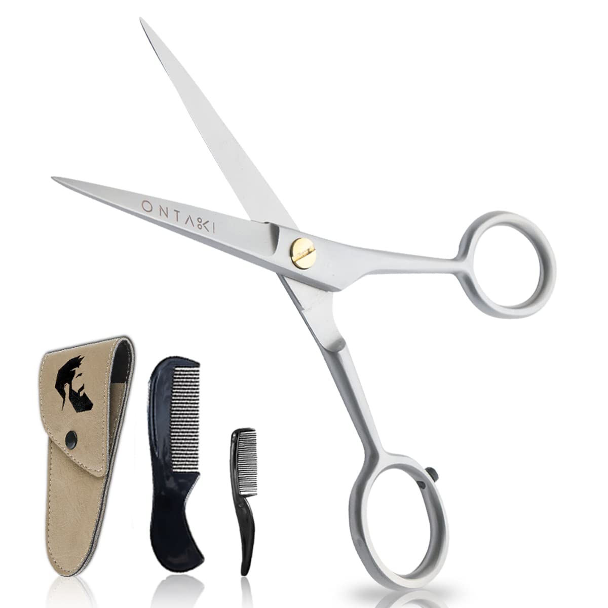 ONTAKI Professional Beard Moustache Scissors German Steel Comb & Carrying Pouch Hand Forged Bevel Edge Precision Mustache Comb Perfect Men’s Facial Hair Grooming Kit for All Body Facial Hair (Satin)