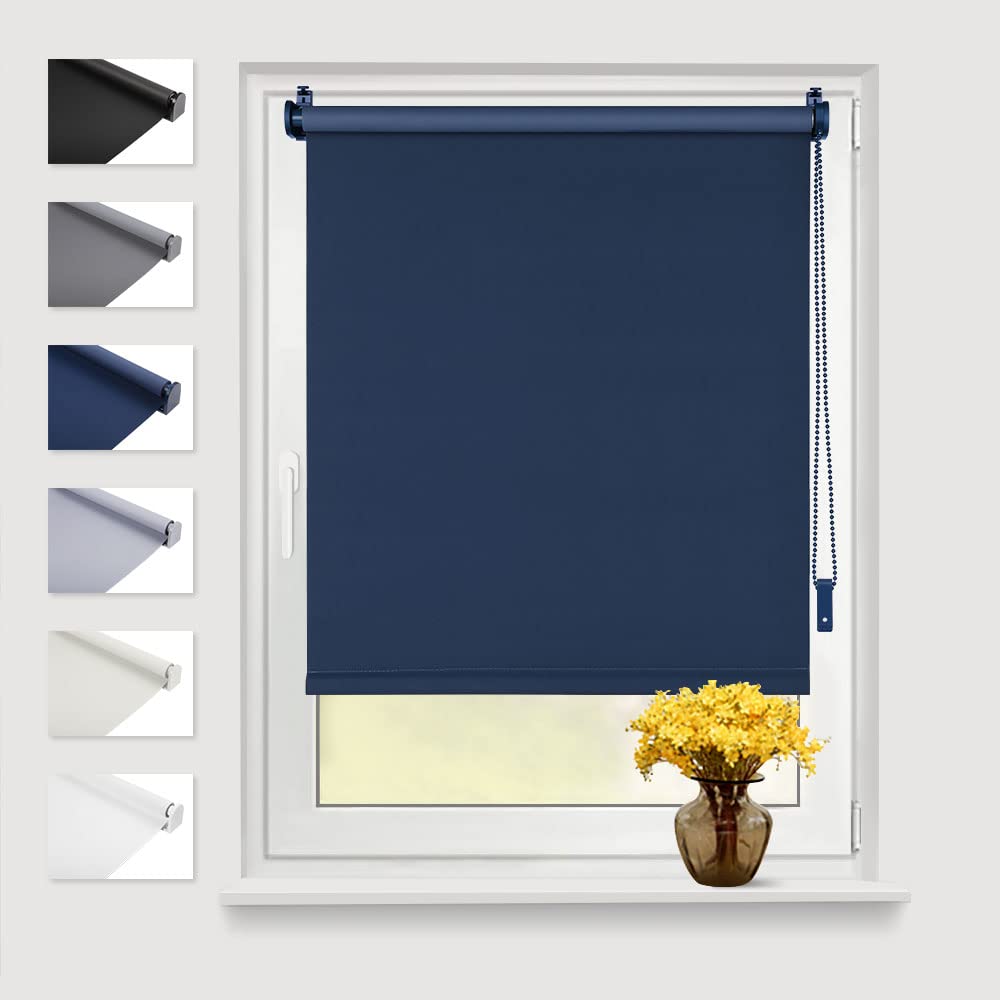 Eurohome Blackout roller blind, thermal roller blind, 50 x 130 cm (fabric width 46 cm), dark blue, Klemmfix, no drilling with same colour coating, side pull roller blind, Oeko-Tex Standard 100