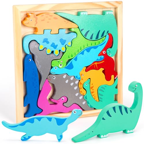 LovesTown 12PCS Stacking Dinosaur Puzzles, Preschool Wooden Dinosaur Toys Chunky Jigsaw Puzzles for Birthday Gift Kids Age 2 3 4 5