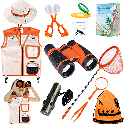 INNOCHEER Explorer Kit & Bug Catcher Kit for Kids Outdoor Exploration with Vest, Binocular, Magnifying Glass, Hand-Crank Flashlight, Whistle, Bug Collector, Bag for Boys Girls (Orange)