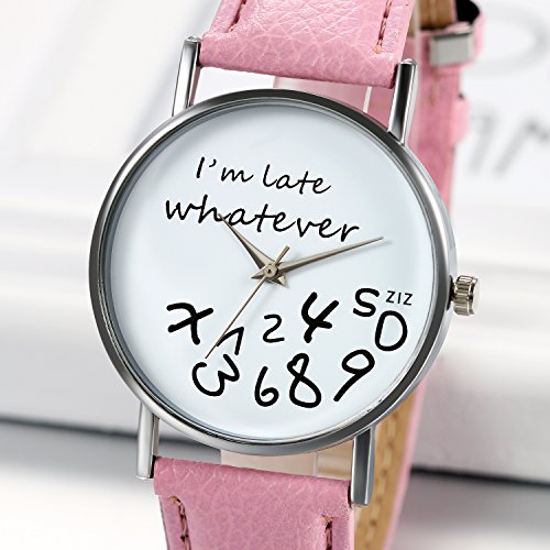 JewelryWe Unisex Female Women Ladies Girls"I'm Late, Whatever" Love Gift Leather Strap Watches Quartz Wrist Watch