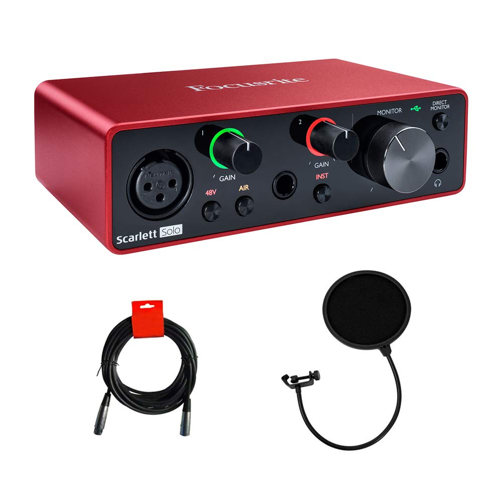 Focusrite Scarlett Solo paquete de interfaz de audio USB de 3.ª generación con cable de micrófono XLR macho a XLR hembra de 25 pies y filtro pop para micrófonos de transmisión y grabación (3 artículos)