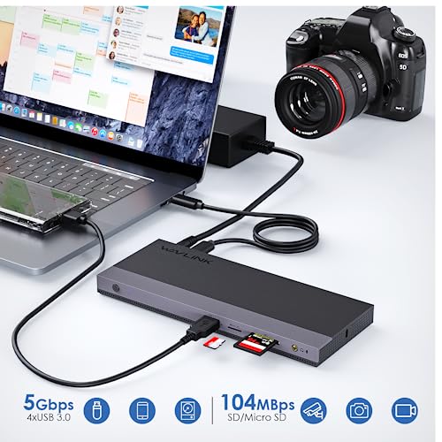 Wavlink USB C Docking Station Triple Display with 100 W Power Supply, USB C Dock Hub, 13-in-1 Triple Display Laptop Dock, 100 W Power Delivery, 2DP + HDMI, 4USB 3.0, Gigabit Ethernet, TF/SD Card Reader
