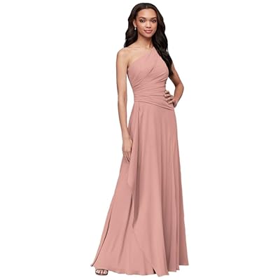 one shoulder georgette cascade bridesmaid dress Wedtrend Women Champagne Bridesmaid Dress With Slit Sheath One Shoulder  Pleated Wedding Party Dress – WEDTREND main image 0