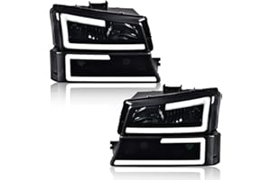 PIT66 LED Headlight Assembly Compatible with Chevy Silverado 1500 2500 3500 HD Model 2003-2006 Fit Avalanche 1500 2500 Fit No Cladding only Smoky Lens Black Housing Clear Reflector Headlamps Lights