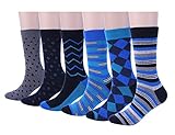 Mens Blue Dress Crew Socks, 6 Pair Funky Argyle Socks with Stripe Patterned Designs