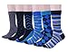 Mens Blue Dress Crew Socks, 6 Pair Funky Argyle Socks with Stripe Patterned Designs