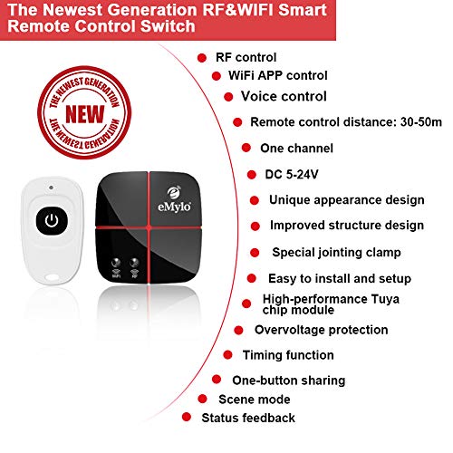 eMylo Smart WiFi Relay Switches Wireless 433Mhz RF Remote Control Light Switch Timer Controller for Household Appliance Compatible with Alexa, Google Home DC 5V-24V 1 Channel