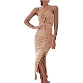 Heysolo Women Summer Cut Out Dresses Backless Halter Neck Side Slit Backless Sleeveless Ruched Party Club Dress