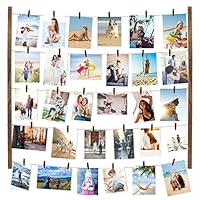 ONE WALL DIY Hanging Photo Display, 26x28 inch Rustic Wood Picture Frames Collage Set Includes Hanging Twine Cords, 50 Clothespins& Wall Mounts for Hanging Photos, Prints & Artwork