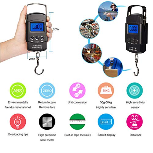 Uplord Hanging Electronic Travel Scale for Luggage with Digital LCD Screen,Electronic Balance Digital Fishing Postal Hanging Hook Scale with 100cm Measuring Tape
