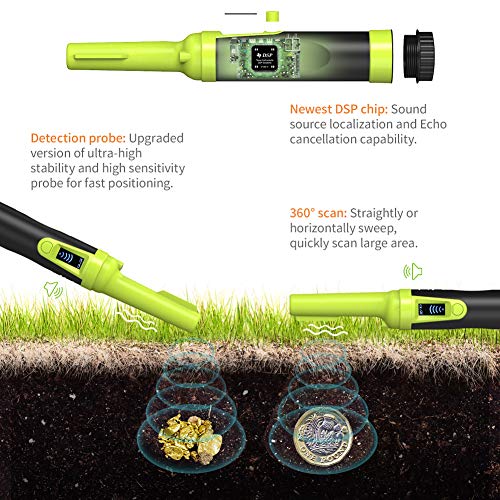 VOLADOR Portable Metal Detector, IP68 Fully Waterproof Pinpointer with LCD Display, Handheld Pin Pointer, Treasure Finder Unearthing Tool with Lanyard, Holster, 9V Battery