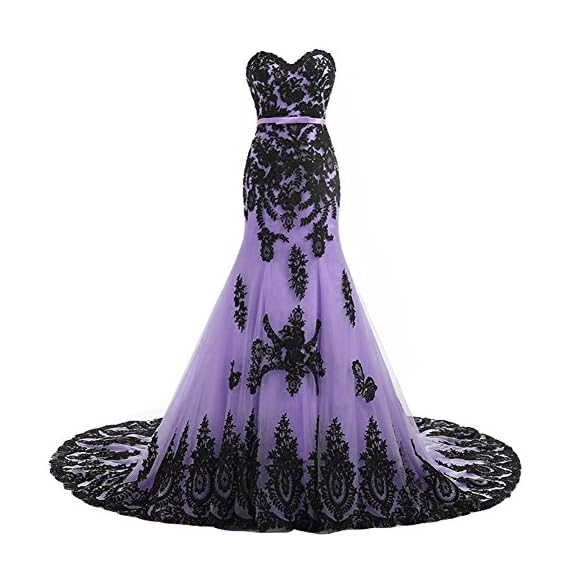 Long-Mermaid-Black-Lace-Vintage-Gothic-Prom-Dress-Wedding-Evening-Gown-Lavender-US-12