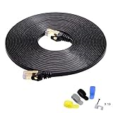 CableGeeker Cat7 Shielded Ethernet Cable 25ft (Highest Speed Cable) Flat Ethernet Patch Cable Support Cat5/Cat6 Network,600Mhz,10Gbps - Black Computer Cord + Free Clips and Straps for Router Xbox