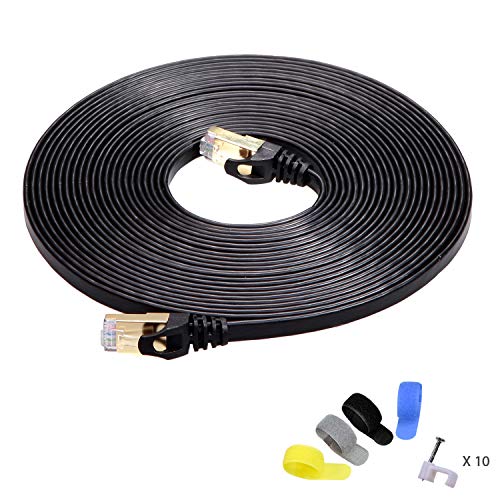 CableGeeker Cat7 Shielded Ethernet Cable 25ft (Highest Speed Cable) Flat Ethernet Patch Cable Support Cat5/Cat6 Network,600Mhz,10Gbps - Black Computer Cord + Free Clips and Straps for Router Xbox