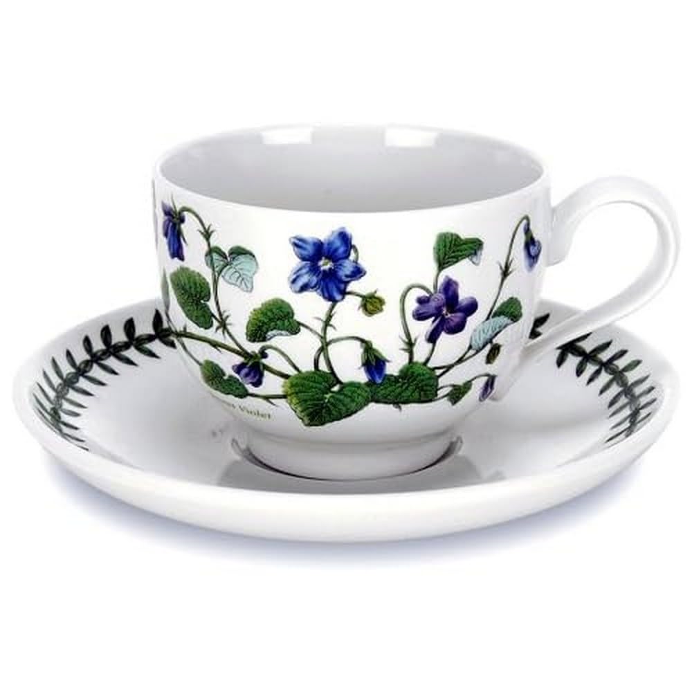 Portmeirion x Botanic Garden Set of 6 Cup and Saucers -Traditional Earthenware Tea or Coffee Cups, Made in England, Dishwasher & Microwave Safe, Elegant Design for Everyday Use, 0.2L