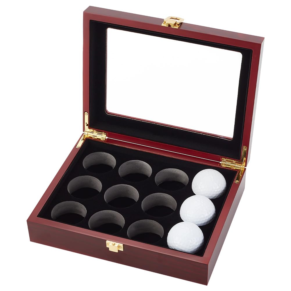 OLYCRAFT Golf Ball Display Case 12-Hole Wooden Display Box for Golf Ball Display Storage Box Golf Ball Wood Showcase Protected Cabinet Golf Rack for Golf Ball Collections - 220x170x63mm