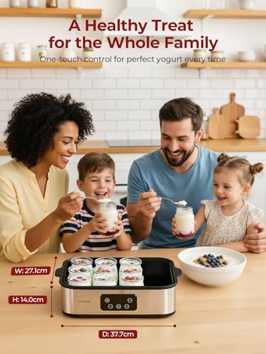 FOHERE Yoghurt Maker 25 W with 12 Glass Containers of 180 ml for up to 2.16 L Homemade Yogurt, Greek Yoghurt Machine with Temperature and Timer, LCD Display, Automatic Shut-Off, BPA-Free