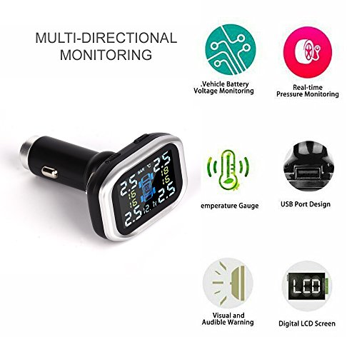 GZCRDZ TP720 Tire Pressure Monitoring System, Wireless TPMS with 4 External Sensors, Cigarette Lighter Plug LCD Display with Tire Pressure, Temperature Gauge and Battery Voltage (Black)