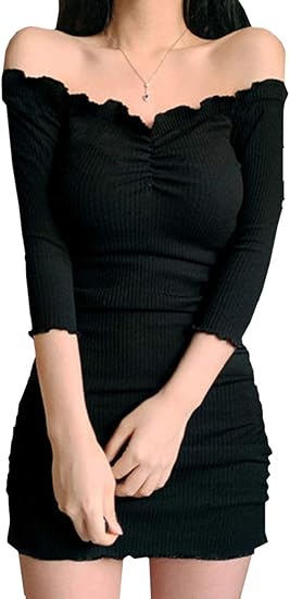 Amazon Co Jp ココアンドユカ セクシー オフショルダー 半袖 タイト ミニ ワンピース かわいい 五分袖 ニット シャーリング フリル レディース ボディコン 部屋着 カジュアル ルームウェア 黒 M 服 ファッション小物