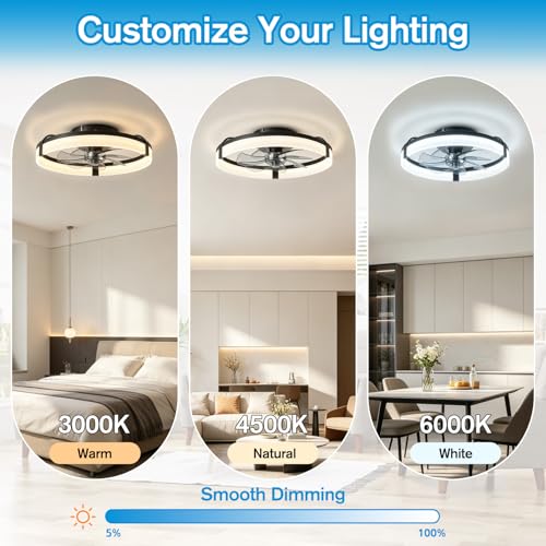 Vutlace Ceiling Fans with Lights and Remote Control, 50cm Flush Mount, 6 Speeds & 3000K–6500K Stepless Dimmable Quiet, Modern Black Ceiling Fan for The Bedroom, Kitchen and Living Room