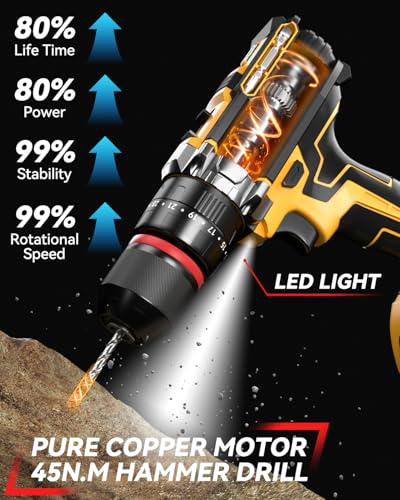 Cordless Hammer Drill Set, 21V Impact Drill Driver and Screwdriver Set with 2 Batteries, 25+3, 10mm Heave Duty DrillChuck, 2 Speed Power Combi Battery Drill Set with 87 Accessories for Home DIY Gift