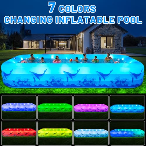 Large Inflatable Swimming Pool with Light, 12FT X 6.2FT Solar Blow Up Pool Inflatable Pool for Kids Adults, Durable Thickened 7 Color Family Kiddie Pool for Backyard Outdoor