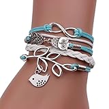 Bestpriceam Handmade Infinity Silver 8 Owl Leaf Bird Leather Bracelet Wristband