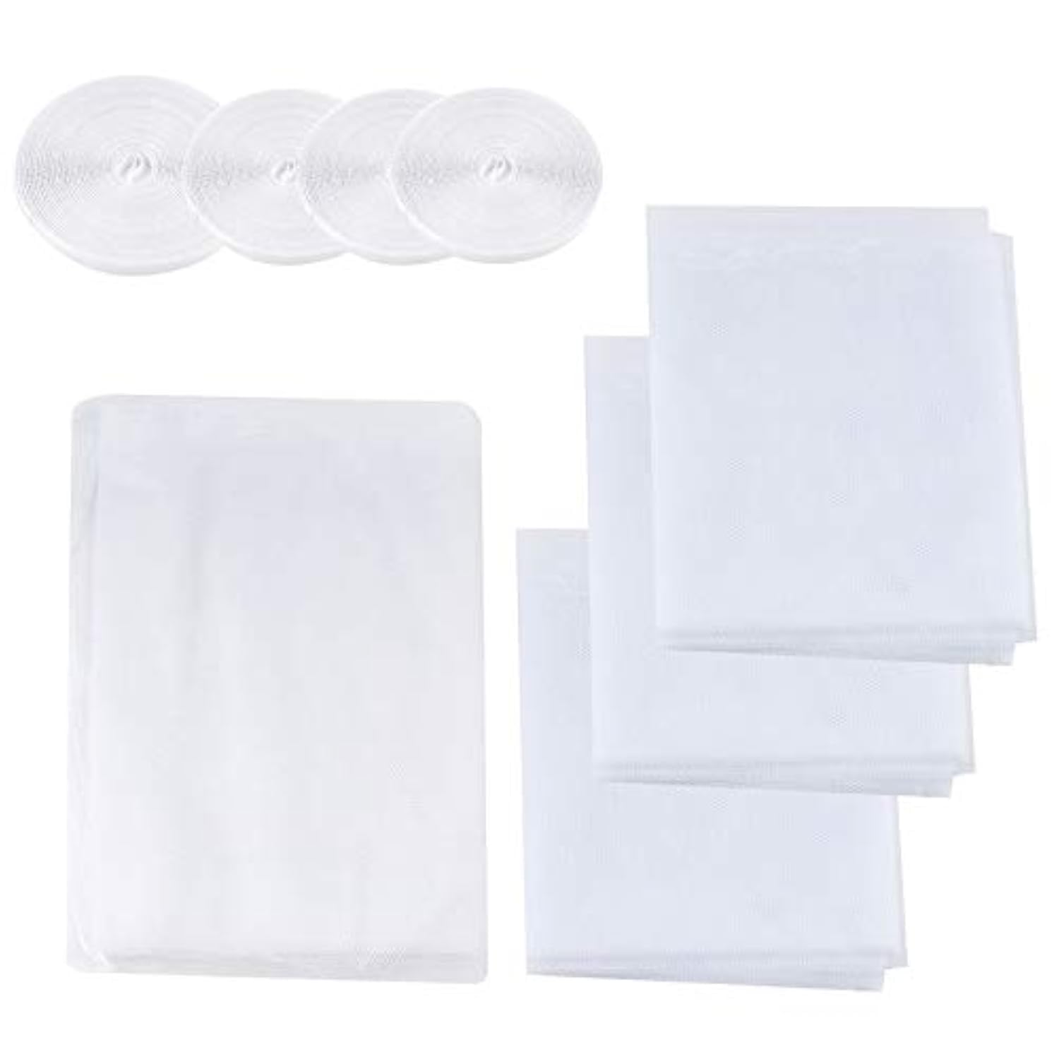 Surplex 4 Pack Fly Screen nets for Window, Mosquito Insect Mesh, Removable and Washable, 1.3m*1.55m, 1.5m*2m, with 4 Rolls Self-Adhesive Tapes, White