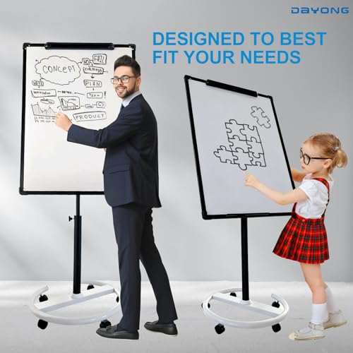DAYONG 70x100cm Mobile Whiteboard, Rolling Magnetic Dry Erase Board with Wheels, Height Adjustable White Board Stand, Portable Standing Flip Chart Easel for Home Office Classroom (Black & White)