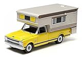 1970 Chevy C10 Cheyenne Custom/10 8/350 Longhorn with Large Camper Hobby Exclusive Yellow 1/64 by Greenlight 29783