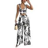 THLAI Summer Women 2 Piece Outfits Print V-Neck Cami Crop Top and Smocked Wide Leg Pants Set Vacation Outfits