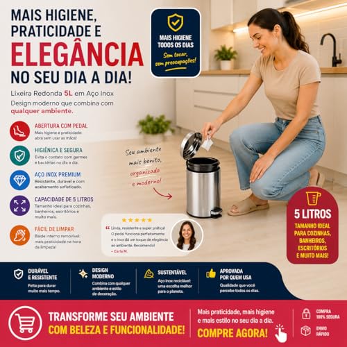 Lixeira Redonda Com Pedal 5 Litros Aço Inox Para Banheiro E Cozinha