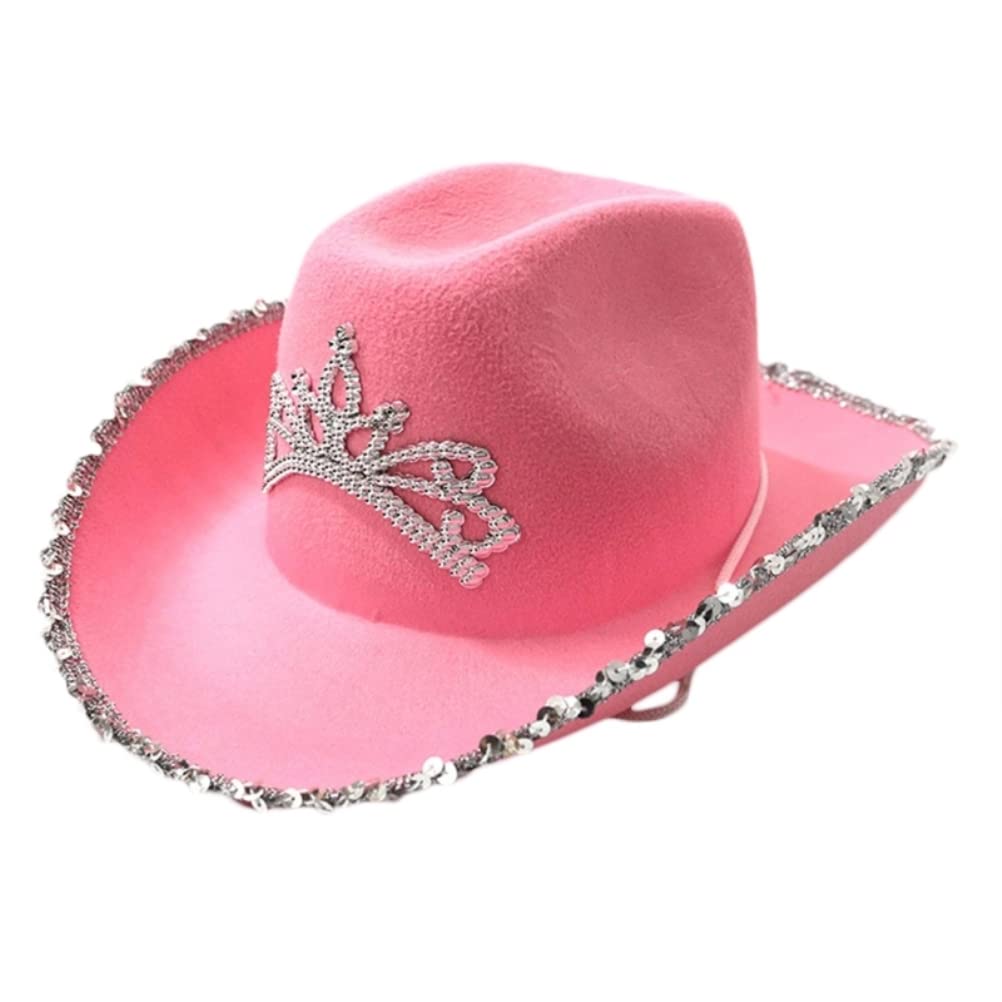 Tianbi Pink Cowboy Hat for Women,Felt Western Cowboy Hat with Neck Draw String,Crown Pink Cowgirl Hat,Cosplay Party Costume Accessories,Play Dress-Up for Women