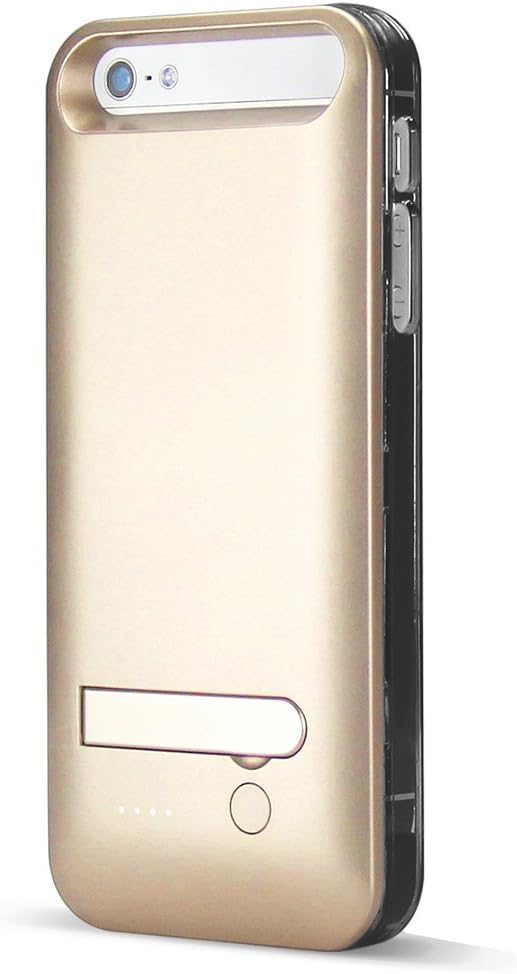 ELETA iPhone 5 5s battery charging case, Rechargeable extended protective Battery Case with built-in kickstand, Lighting Connector Output, MicroUSB Input- 120% Additional Battery Life (2400mAh) (Gold)
