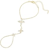 CZ Diamond Finger Ring Bracelet Hand Chain for Women, 14K Gold Plated Slave Bracelets