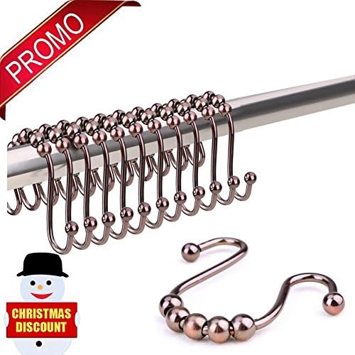12 Pcs Brown Short Hair Girl Shape Polished Chrome Shower Curtain Hooks, Double Glide Rings Can Hang Two Shower Curtains With 12 Silver Crocodile Mouth Stainless Steel Clip
