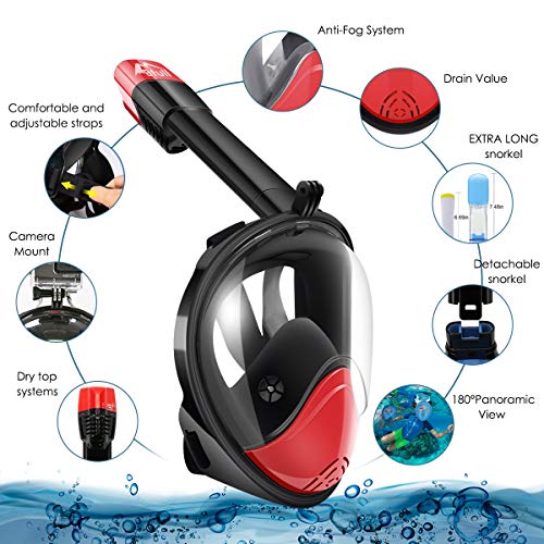 BFULL Snorkel Mask Full Face 180Â° Panoramic Sea View Anti-Fog Anti-Leak Snorkeling Mask with Action Camera Mount and Soft Adjustable Head Straps for Kids and Adults (Black-Red, S/M)