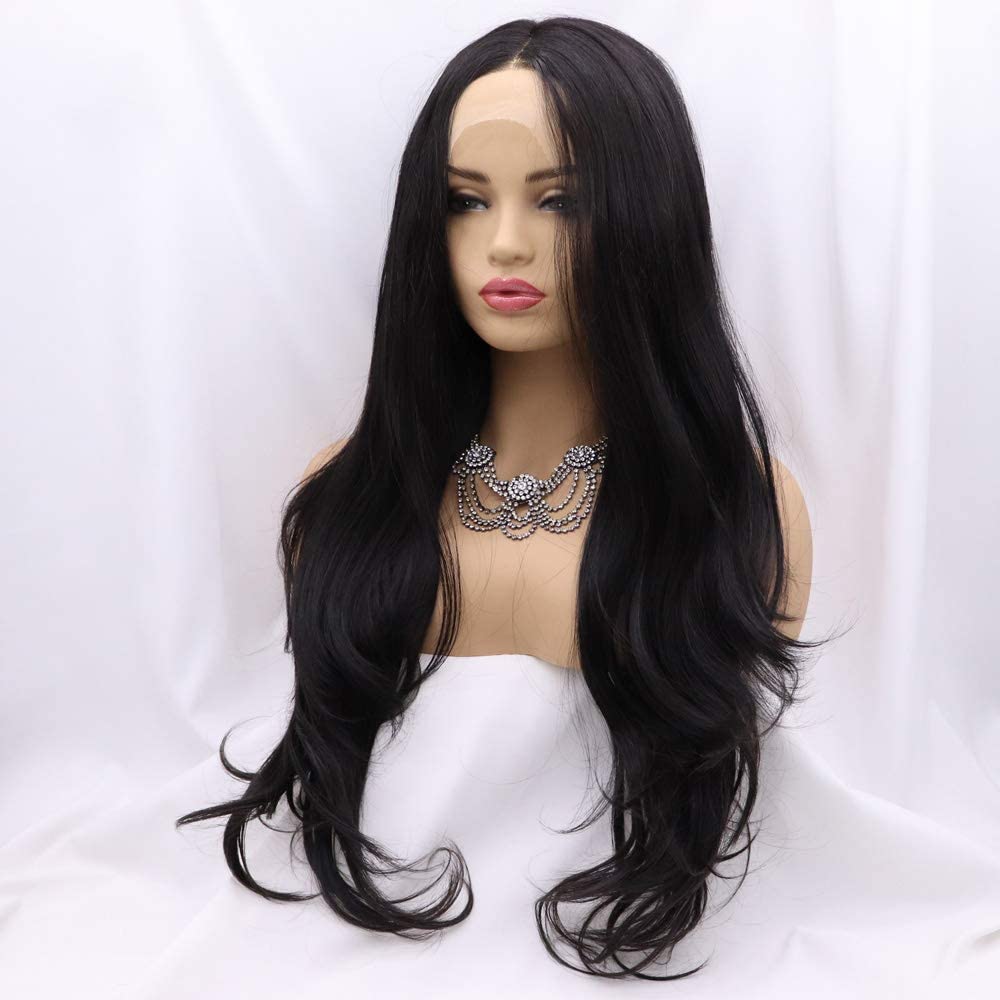 Xiweiya Long Natural Wave 2# Black Synthetic Lace Front Wigs for Women Middle Part Looking Brown Hair 13 * 3 Lace Heat Resistant Fiber Half Hand Tied 24Inch
