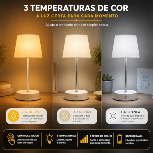 Luminária de Mesa LED Recarregável USB Touch 3 Níveis de Luz Dimerizável Sem Fio Abajur Portátil Retrátil para Quarto, Cabeceira, Estudo e Escritório