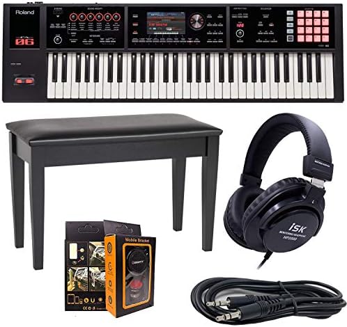 Roland PK 61-key Music Workstation FA-06 + ISK HP2000 Headphone + DPB-500CBD Duet Piano Bench with Storage w/Free 3.5mm AUX Cable & Magnet Car Mount