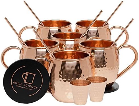 Pure Copper Moscow Mule Mugs (Set of 6) by Mule Science with BONUS: Highest Quality Cocktail Copper 6 Straws, 2 Shot glasses and 6 coasters!
