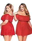 Sex Moment Women Plus Size Lingerie Lace Babydoll Off Shoulder Mesh Chemise Sleepwear R/5XL