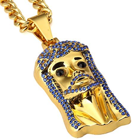 NYUK 18K Gold Chain Diamond Jesus Pendant Necklace For Men(Blue)