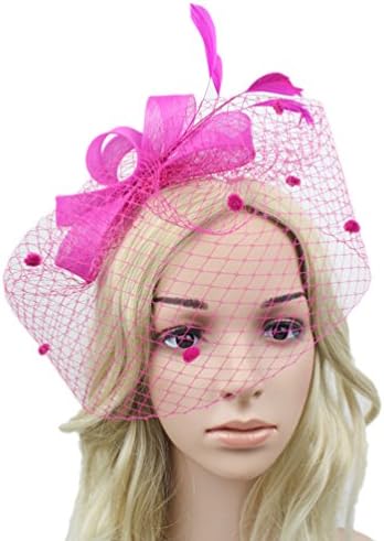 Gerilea Lady Fuschia Veil Fascinator Derby Feather Party Veil Hat with Hair Clip