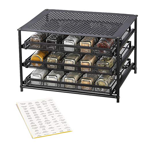 NEX 3-Tier Spice Rack 30 Bottle Standing Spice Drawer Storage Organizer for Kitchen Cabinet Countertop Brown